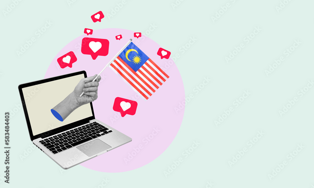 Art collage, the hand with the flag of Malaysia from a laptop with hearts and barks on a light background. Art collage, the hand with the flag of Malaysia from a laptop with hearts and barks on a light background.