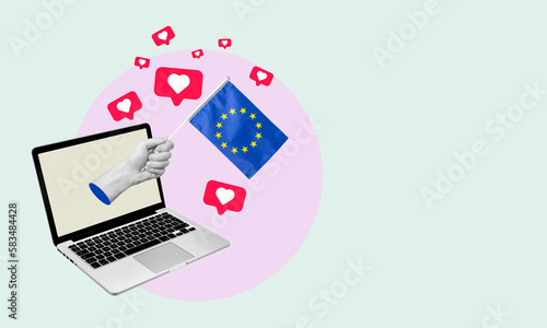 Art collage, the hand with the EU flag from a laptop with hearts and barks on a light background.