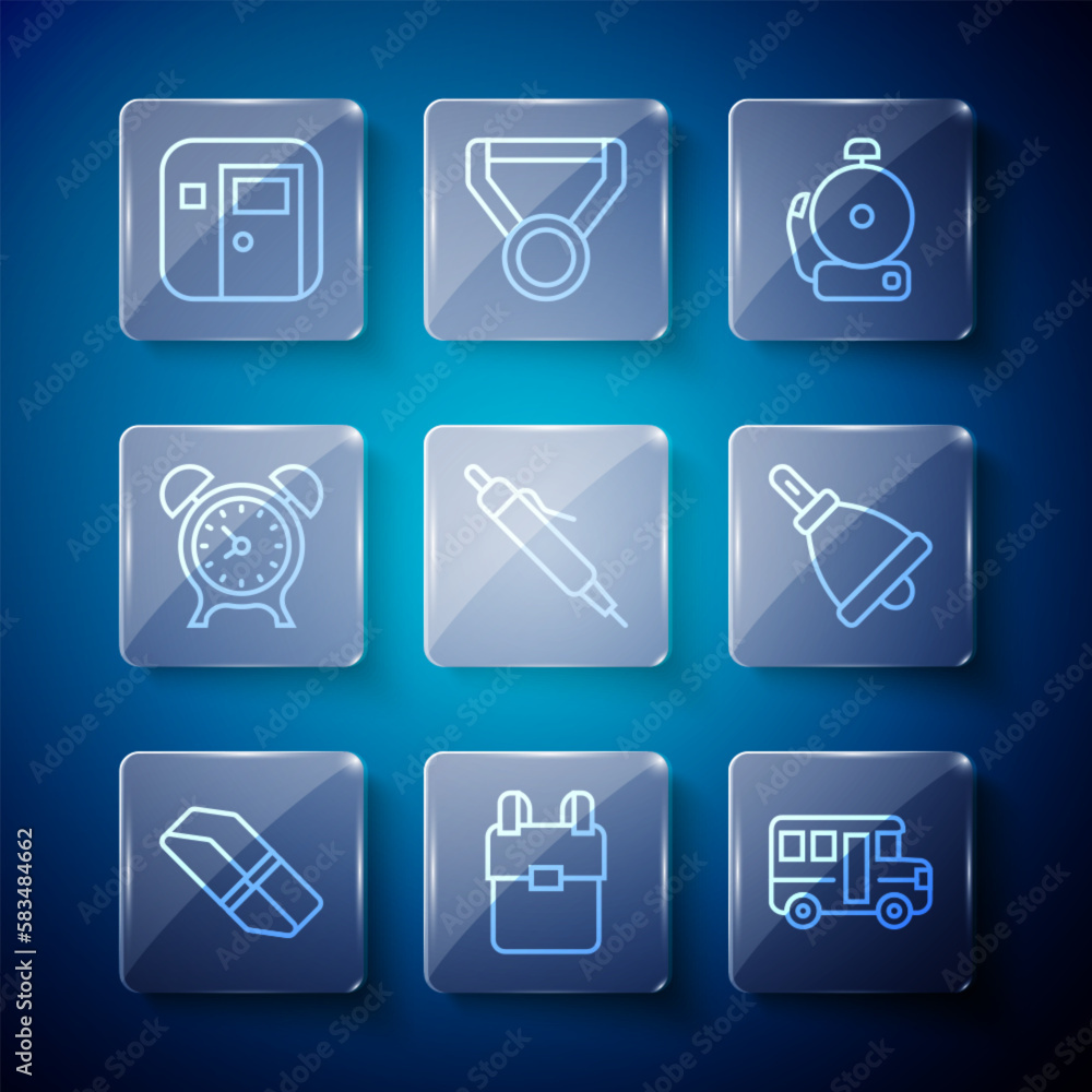 Set line Eraser or rubber, School backpack, Bus, Ringing alarm bell, Pen, Alarm clock, classroom and icon. Vector Set line Eraser or rubber, School backpack, Bus, Ringing alarm bell, Pen, Alarm clock, classroom and icon. Vector