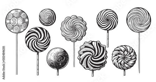 Retro set of lollipops hand drawn sketch Halloween illustration