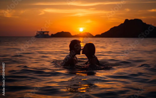Couple in love swimming and kissing in the ocean during sunset. Romantic get away vacation. Concept of love and freedom. Shallow field of view. Illustrative generative AI. Not real people.