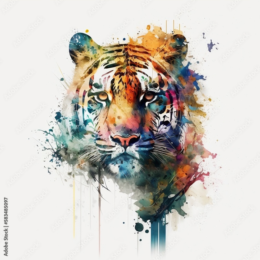 Watercolor Tiger portrait, painted illustration of a wild cat on a blank background, Colorful splashes animal head, AI generated