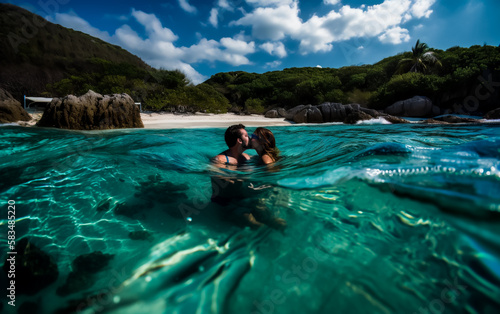 Couple kissing while swimming in blue tropical water during a holiday. Concept of love and travel. Shallow field of view. Illustrative Generative AI. Not real people.
