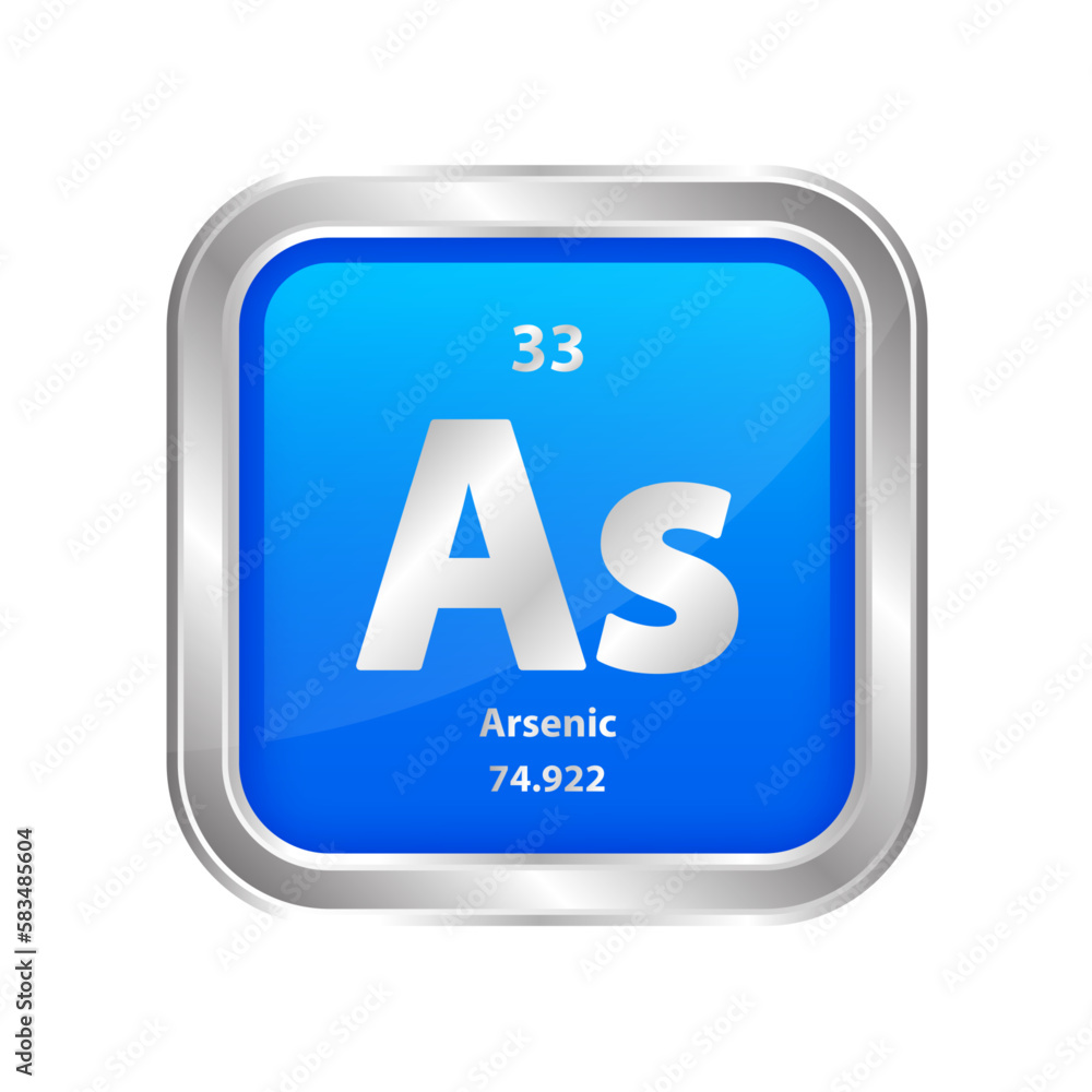 Icon structure Arsenic (As) number 33 chemical element square blue line silver. Periodic table. Sign with atomic number. Study in science for education. 3D vector illustration. Icon structure Arsenic (As) number 33 chemical element square blue line silver. Periodic table. Sign with atomic number. Study in science for education. 3D vector illustration.