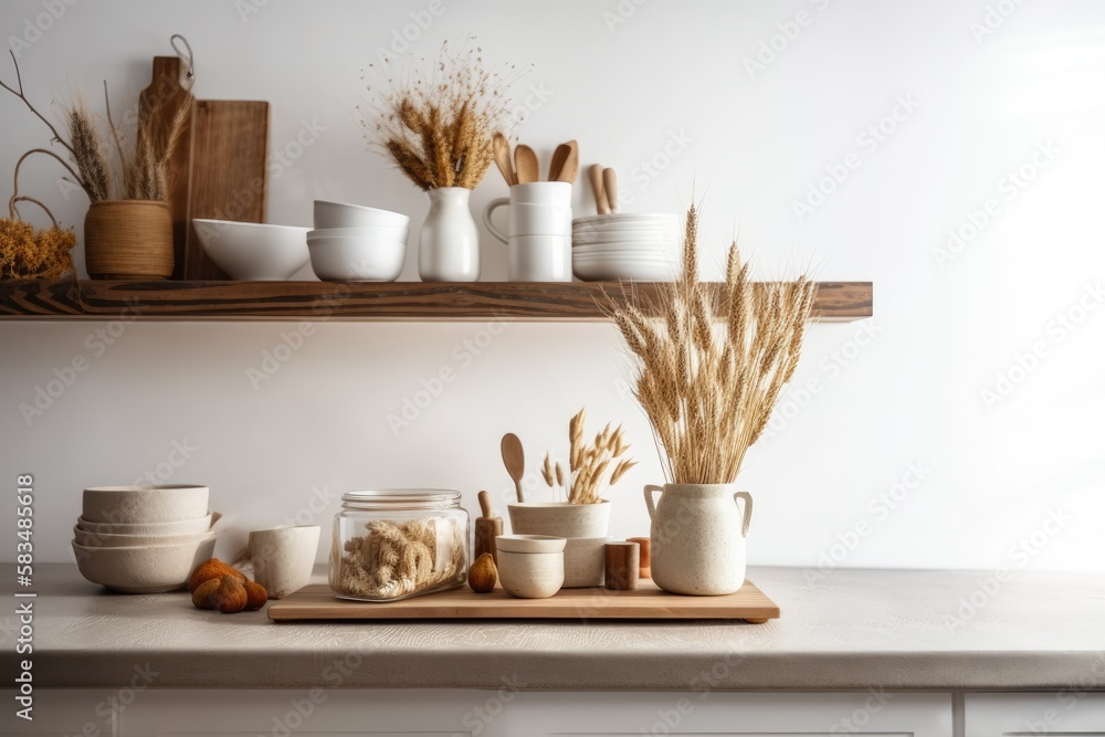 White table top or shelf over wooden and white kitchen with accessories, dry plants, ornament, ears, sheaf, branch in vase, modern minimal interior design. Generative AI