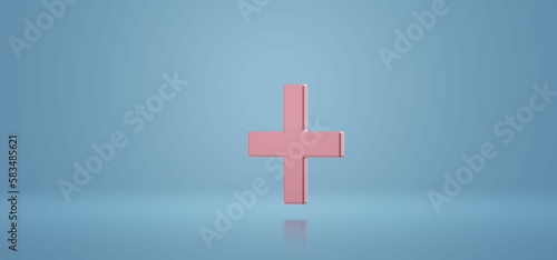3d light pink plus sign isolated on blue background with reflection