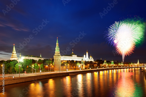 Fireworks over the Moscow Kremlin and the Moscow river, Russia