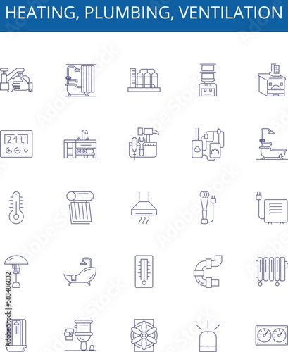 Heating, plumbing, ventilation line icons signs set. Design collection of heating, plumbing, ventilation, HVAC, system, installation, maintenance, repair outline concept vector illustrations