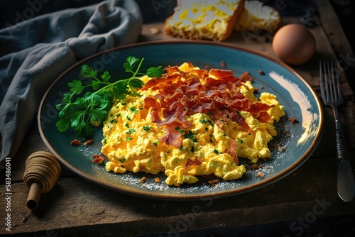 A delicious breakfast dish  an omelet in a plate is a twist on the classic recipe. Cooked to perfection. Generated by AI