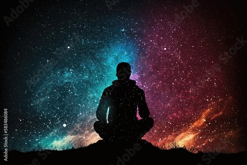 Person meditating on a small spacecraft, as it journeys through the depths of space. The astronaut's mind is calm and focused. Generated by AI