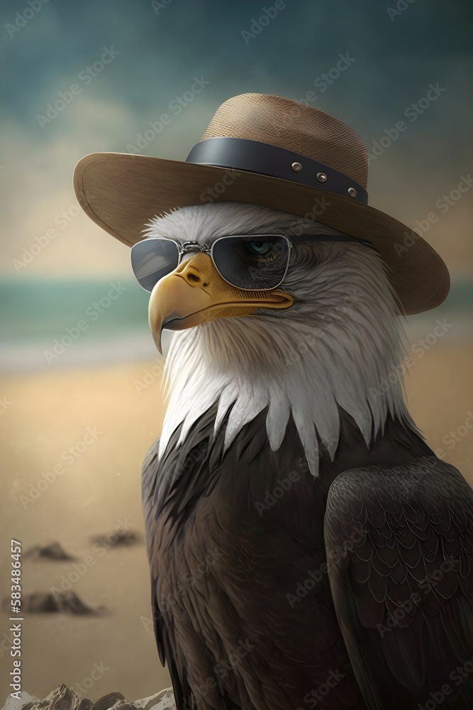 An eagle wearing a hat and glasses at the beach Stock Illustration