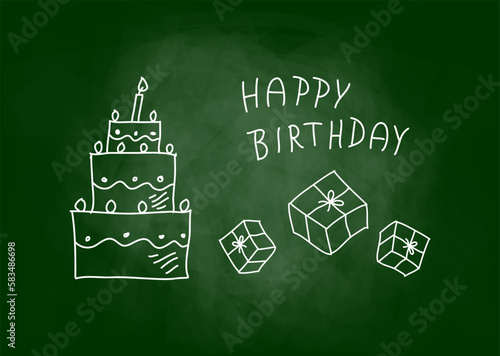 Children's drawing on green chalkboard, happy birthday.