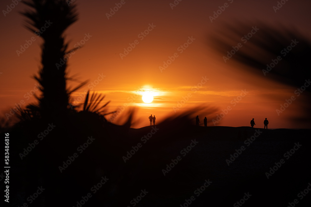 Silhouette of people on a tropical beach enjoying the sunset.
