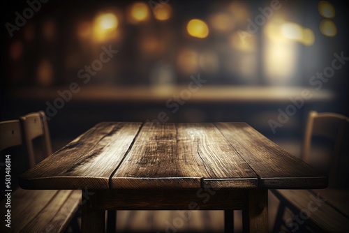 A sturdy and rustic wooden picnic table, with a weathered finish and robust construction. Generated by AI