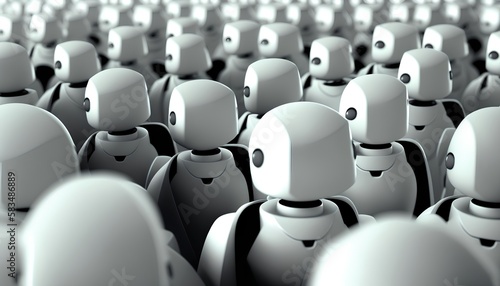 Crowd of white robots, showcasing advanced AI, machine learning, and automation in a sci-fi setting. Robotic workforce concept and the growing impact of Industry 4.0 Generative AI