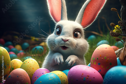 Beau lapin de Pâques avec oeufs, IA generative photo