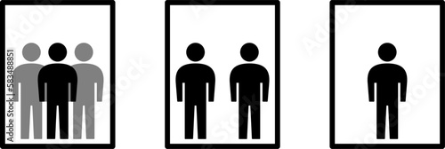Icon Set of 3 or 2 People and One Person in an Elevator Lift Usage Allowance Sign Symbol. Vector Image.