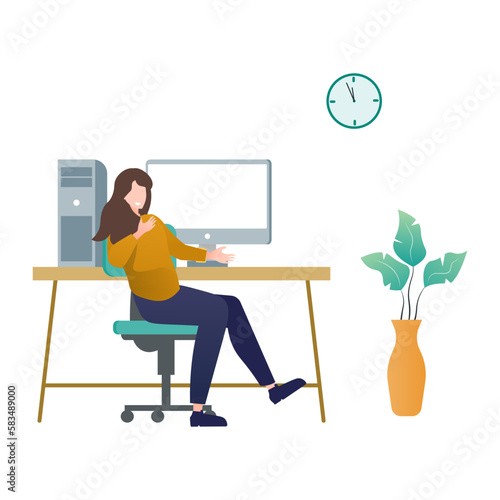 Young woman sitting at the desk with computer. Flat style vector illustration.
