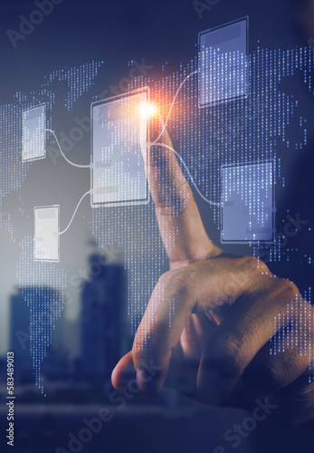 Man touching node hologram. technology concept, processing and work flow, online data management idea.