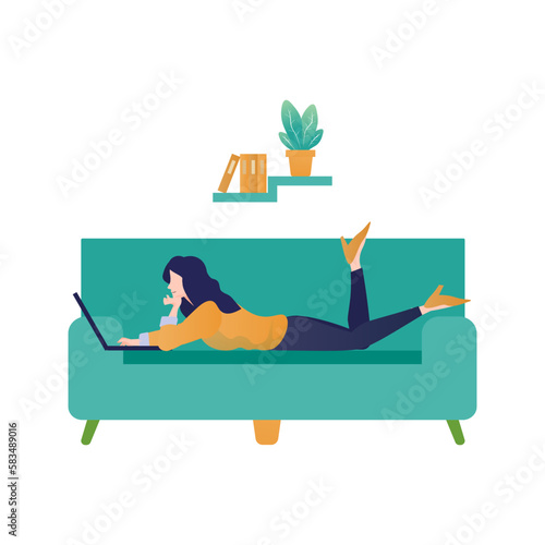 woman using laptop on sofa at home vector illustration eps 10.