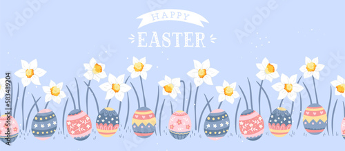 Cute hand drawn easter horizontal seamless pattern with daffodils, easter doodle background, great for textiles, banners, wallpapers, wrapping - vector design