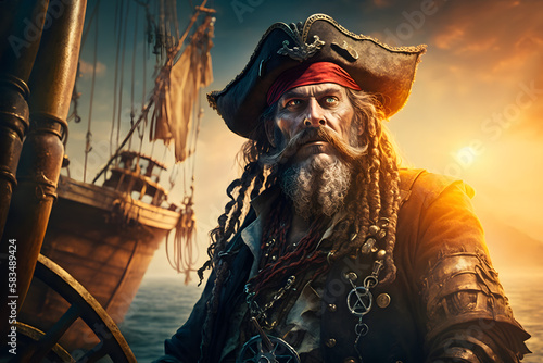 Pirate near ship in the ocean. Generative AI photo