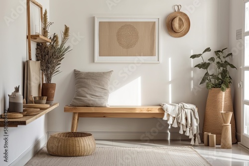 A chic interior design plan for the living room features a wooden bench, boxes, dried flowers in a vase, a white wall, and attractive personal items in contemporary home furnishings. Generative AI