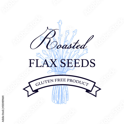 Flax logo template with hand drawn element. Vector illustration in sketch style. Design for linen products, seed, oil, packaging
