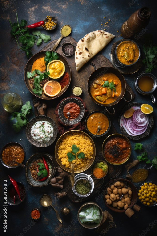 Overhead shot for Indian food restaurant menu. Indian traditional cuisine. Generative AI