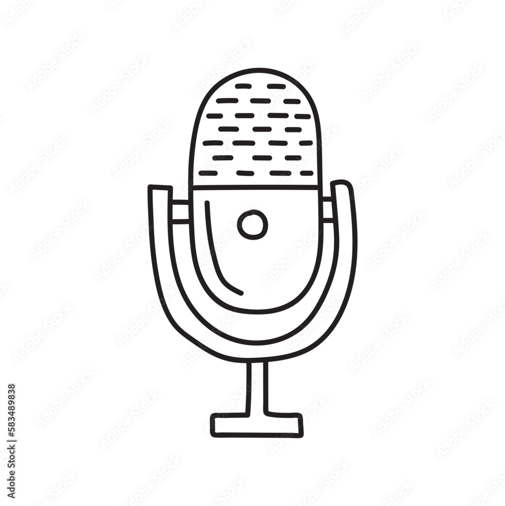 Illustration of doodle microphone. Hand drawn cartoon doodle style. Simple brush strokes. Skethc microphone graphic design for card, poster, postcard, sticker, tee shirt. Vector illustration. Illustration of doodle microphone. Hand drawn cartoon doodle style. Simple brush strokes. Skethc microphone graphic design for card, poster, postcard, sticker, tee shirt. Vector illustration.