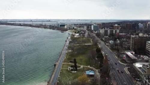 Wallpaper Mural Aerial view flying up over the lakeshore of Lake Ontario in downtown Burlington in winter. Torontodigital.ca