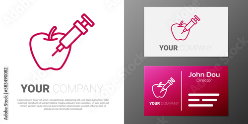 Logotype line Genetically modified apple icon isolated on white background. GMO fruit. Syringe being injected to apple. Logo design template element. Vector
