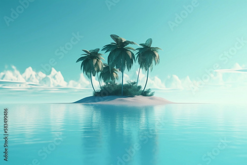 Tropical island with palm trees in the middle of the ocean. Generative AI