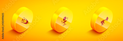Set Isometric Electric razor blade, Barbershop chair and Hairdresser pistol spray bottle icon. Vector