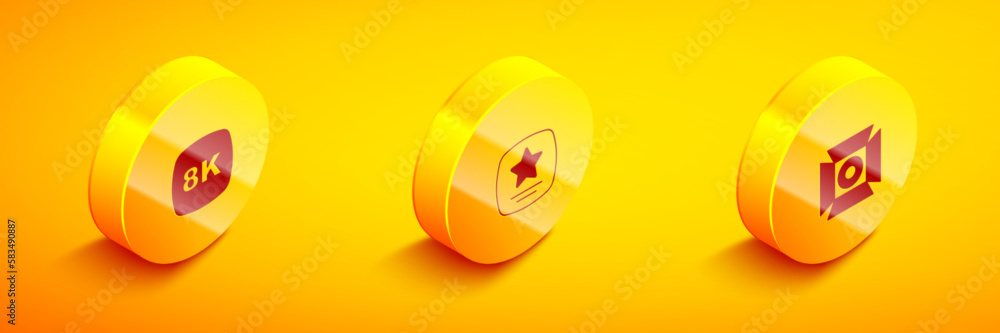 Set Isometric 8k Ultra HD, Walk of fame star and Movie spotlight icon. Vector Set Isometric 8k Ultra HD, Walk of fame star and Movie spotlight icon. Vector