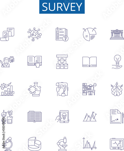 Survey line icons signs set. Design collection of Questionnaire, Poll, Research, Assessment, Data, Study, Analysis, Inquiry outline concept vector illustrations