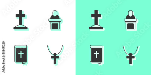 Set Christian cross on chain, Grave with, Holy bible book and Church pastor preaching icon. Vector