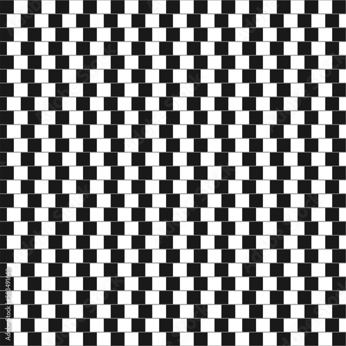 Shifted horizontal parallel lines with black and white squares. Optical illusion with distorted perception. Checkered pattern. Mosaic texture with visual deception motif