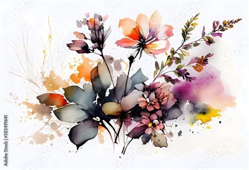 Fototapeta Naklejka Na Ścianę i Meble -  Artistic and creative watercolor painting of flowers or botanicals in a loose and expressive style. Ideal for stationery, wedding invitations, and wall art. Generative AI