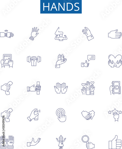 Hands line icons signs set. Design collection of Palms, Clenched, Reach, Squeeze, Shake, Grasp, Fingers, Gloves outline concept vector illustrations