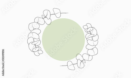 Eucalyptus Leaves with green circle shape on white background. Floral line art. Outline vector flowers. Wedding elegant continuous line drawing.