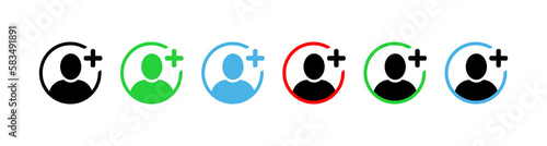 Add user. Flat, green, blue, red, black, add button. Vector icons