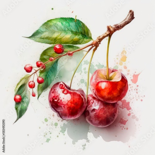 Red cherries in watercolor style on white background. Generative AI art.