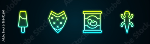 Set line Popsicle ice cream, Poncho, Beans in can and Lizard. Glowing neon icon. Vector