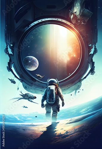 Wallpaper Mural Space travel scene with astronaut and flying rocket, generative ai Torontodigital.ca