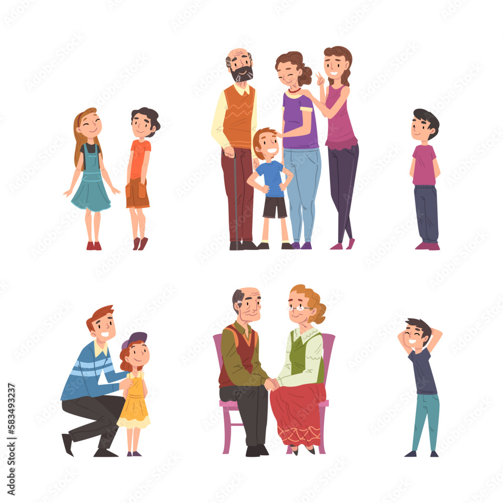 Obraz premium Happy Man and Woman with Kid and Grandparents with Grandson Standing Together Vector Set