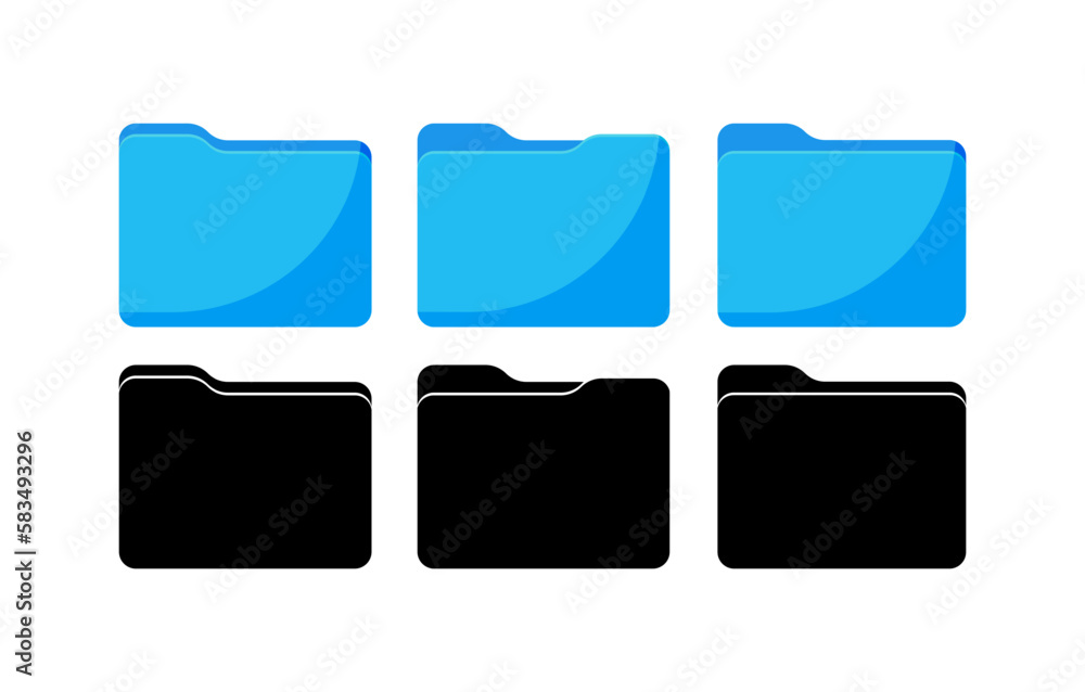 Folder icons set. Flat, black, blue, computer folders set. Vector icons.