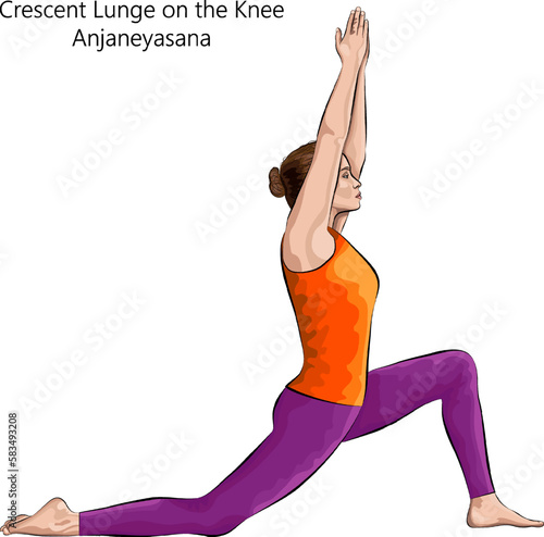 Side view of female practicing yoga exercise, doing Crescent Lunge on the Knee or Low Lunge pose or Anjaneyasana. Standing and Balancing. Beginner. Vector illustration isolated on white background.