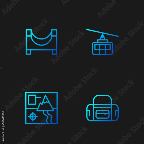 Set line Sport bag, Folded map, Skate park and Cable car. Gradient color icons. Vector