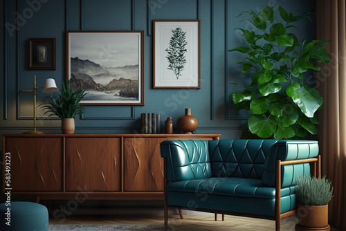 Modernes Wohnzimmer. Elegantes dunkelblaues Ledersofa, Sideboard aus Mahagoniholz, große Pflanze, Bilder an der Wand.
